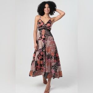 NWT Angie Clothing Boho Floral Patchwork Mixed Media Crochet Gypsy Dress